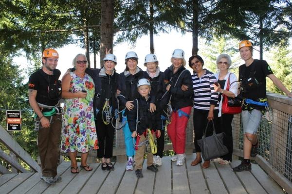  90 year old Val Brown enjoys the Moa 4-Tour Ziptrek with family and friends as part of her 90th birthday celebrations.